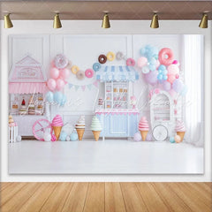 Lofaris Pastel Sweet Shop Birthday Backdrop with Ice Cream and Donuts Elegant Party Background for Girls Photoshoot