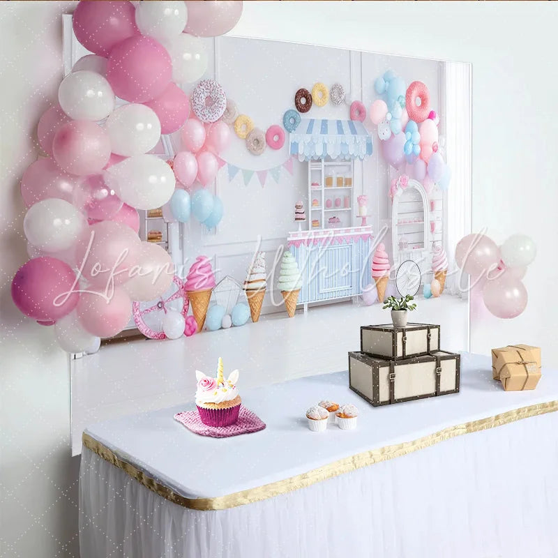 Lofaris Pastel Sweet Shop Birthday Backdrop with Ice Cream and Donuts Elegant Party Background for Girls Photoshoot