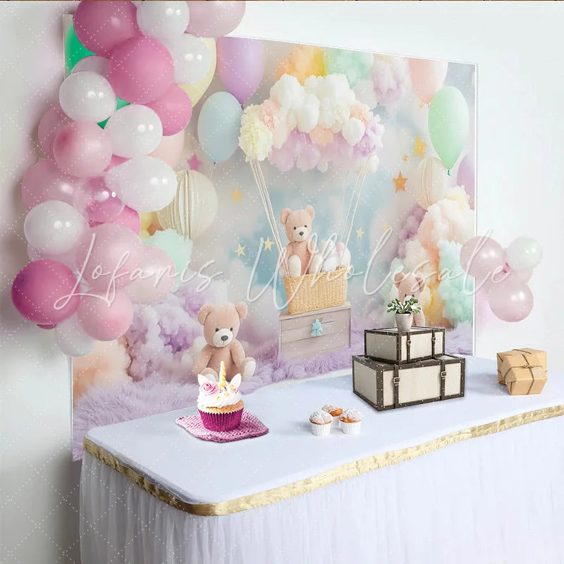 Lofaris Pastel Teddy Bear Baby Shower Backdrop with Balloons and Clouds Dreamy Party Decor for Newborn Photoshoot