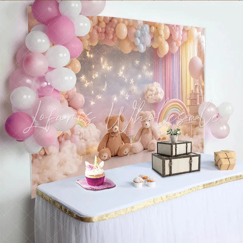 Lofaris Pastel Teddy Bear Baby Shower Backdrop with Balloons and Twinkling Stars Dreamy Photography Background for Newborn Party Decor
