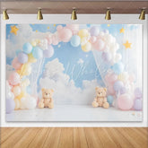 Lofaris Pastel Teddy Bear Baby Shower Backdrop with Clouds and Stars Dreamy Photo Booth Background for Newborn Photography