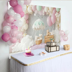 Lofaris Pastel Teddy Bear Hot Air Balloon Baby Shower Backdrop with Clouds and Stars Dreamy Photography Background for Newborns