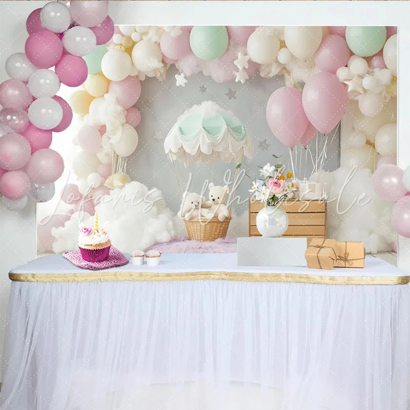 Lofaris Pastel Teddy Bear Hot Air Balloon Baby Shower Backdrop with Clouds and Stars Dreamy Photography Background for Newborns