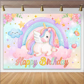 Lofaris Pastel Unicorn Rainbow Backdrop Flying Unicorn and Smiley Cloud Background for Girls Happy Birthday