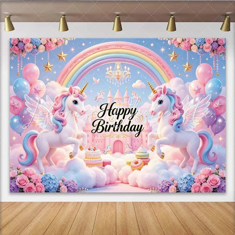 Lofaris Pastel Winged Unicorn Happy Birthday Backdrop with Rainbow and Castle Dreamy Clouds and Balloons Photo Background for Girls Party