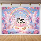 Lofaris Pastel Winged Unicorn Happy Birthday Backdrop with Rainbow and Castle Dreamy Clouds and Balloons Photo Background for Girls Party