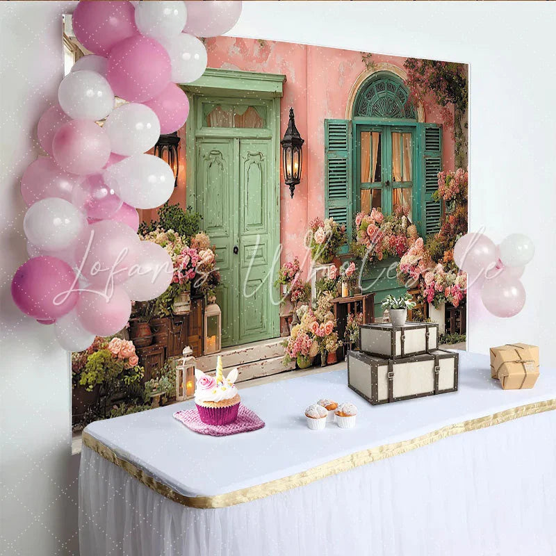 Lofaris Pastellfarbener Vintage-Blumen-Hintergrund mit Tür und Fenster für Partys und Fotoshootings romantische Kulisse