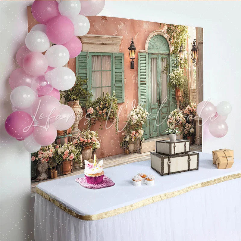 Lofaris Pastellrosa Wand Minzgrüne Tür und Blumen Partyhintergrund für Hochzeiten Geburtstage und Fotoshootings