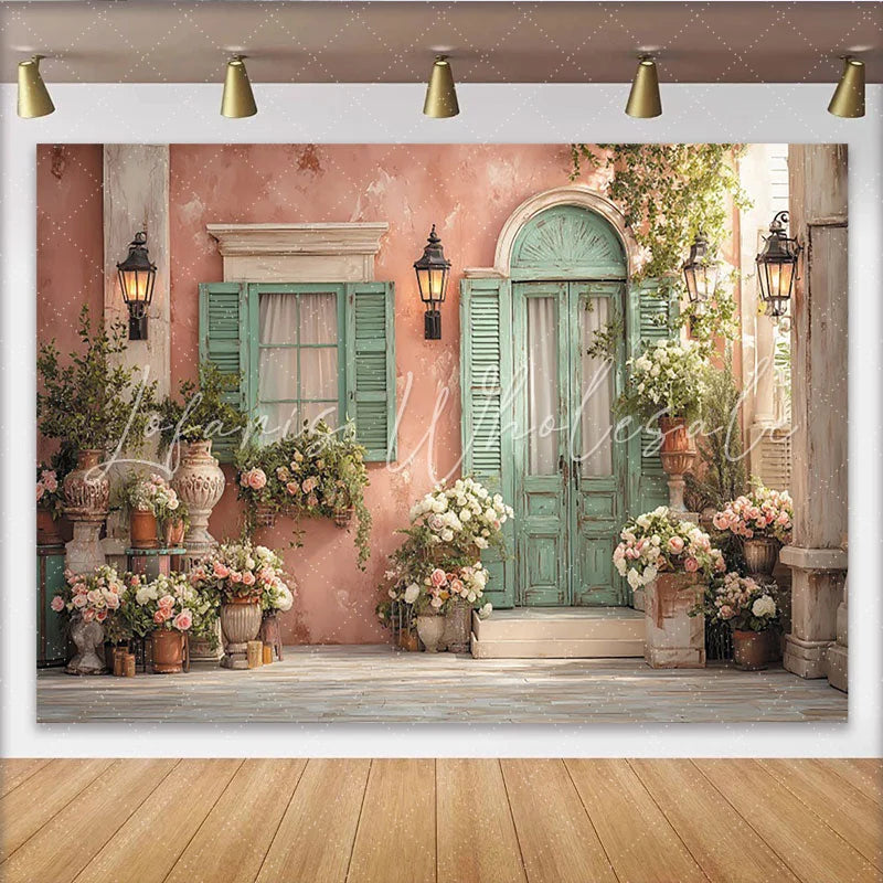 Lofaris Pastellrosa Wand Minzgrüne Tür und Blumen Partyhintergrund für Hochzeiten Geburtstage und Fotoshootings