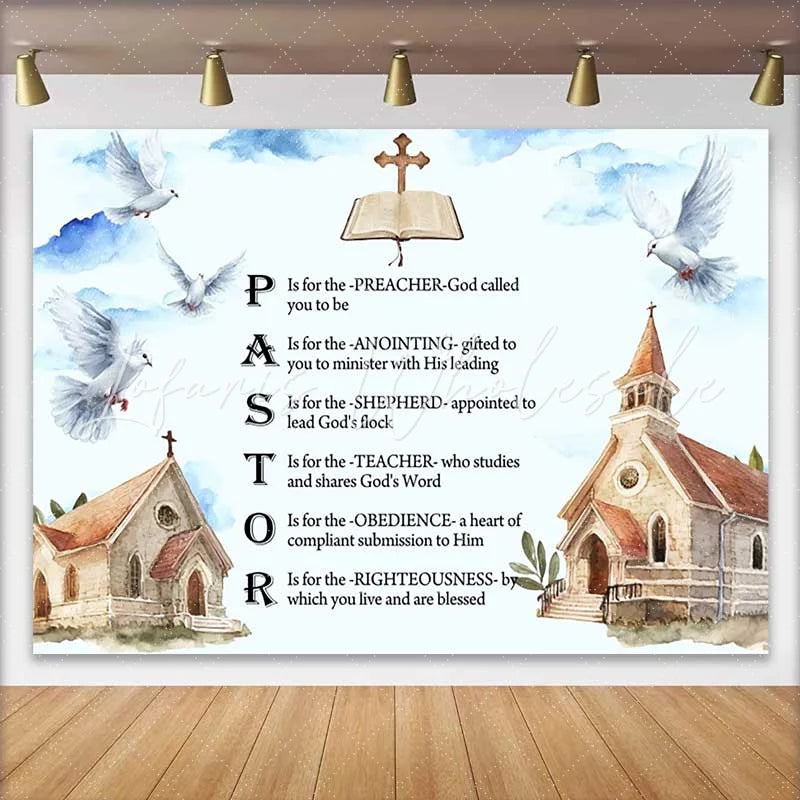 Lofaris Pastor Appreciation Backdrop Religious Acrostic Poem with Doves and Church Watercolor Art