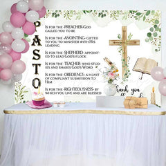 Lofaris Pastor Appreciation Day Backdrop Religious PASTOR Poem with Wooden Cross and Bible Decoration