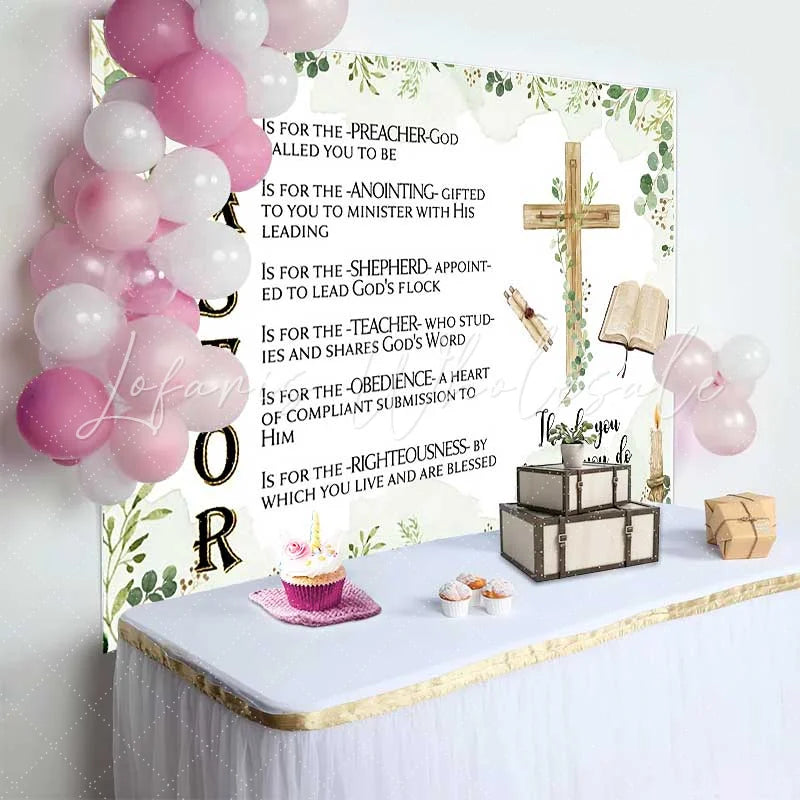 Lofaris Pastor Appreciation Day Backdrop Religious PASTOR Poem with Wooden Cross and Bible Decoration