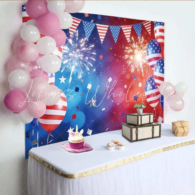 Lofaris Patriotic Independence Day Backdrop American Flag Balloons and Bunting Background for Festive Celebrations and Photoshoots