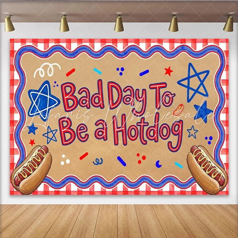 Lofaris Patriotic Independence Day Backdrop with Hotdog Slogan Red White and Blue Stars Photo Booth Prop for Summer Party