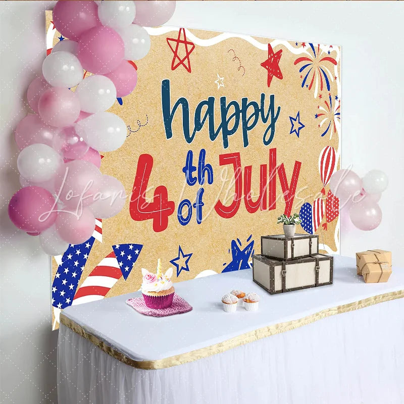 Lofaris Patriotic Red White and Blue 4th of July Holiday Backdrop with Fireworks Stars Rustic Kraft Texture Independence Day Decor