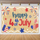 Lofaris Patriotic Red White and Blue 4th of July Holiday Backdrop with Fireworks Stars Rustic Kraft Texture Independence Day Decor