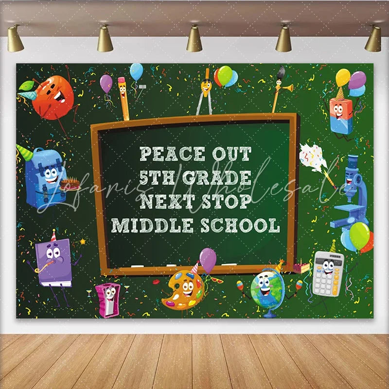 Lofaris Peace Out 5th Grade Graduation Backdrop with Cartoon School Supplies Next Stop Middle School Party Background for Student