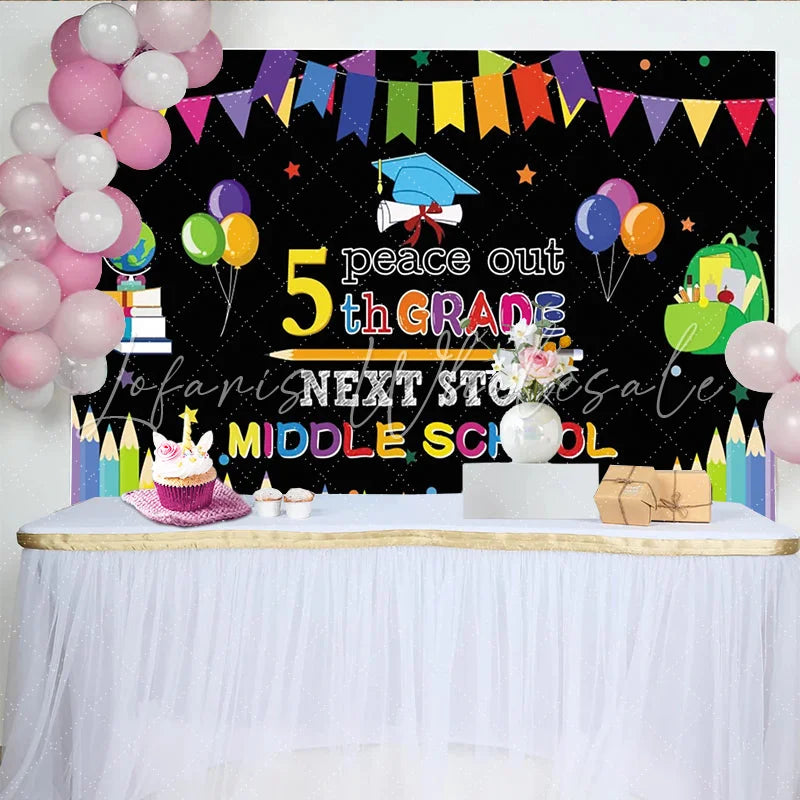 Lofaris Peace Out 5th Grade Graduation Backdrop with Colorful Banners Next Stop Middle School Party Decor for Photo Booth Props