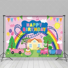 Lofaris Peppa Pig Inspired Happy Birthday Backdrop Cartoon Theme with Rainbow and Train Kids Party Photo Prop Decor