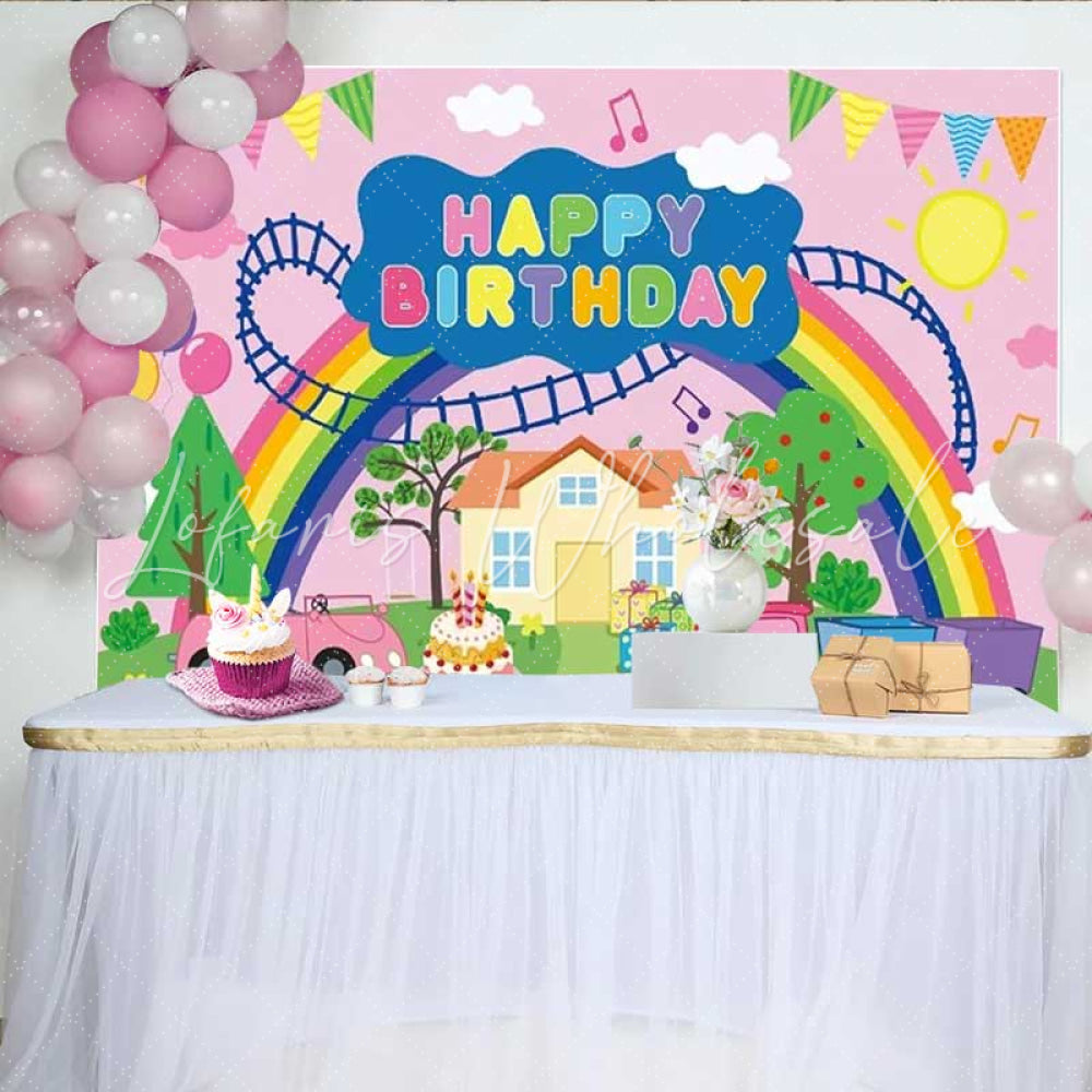 Lofaris Peppa Pig Inspired Happy Birthday Backdrop Cartoon Theme with Rainbow and Train Kids Party Photo Prop Decor