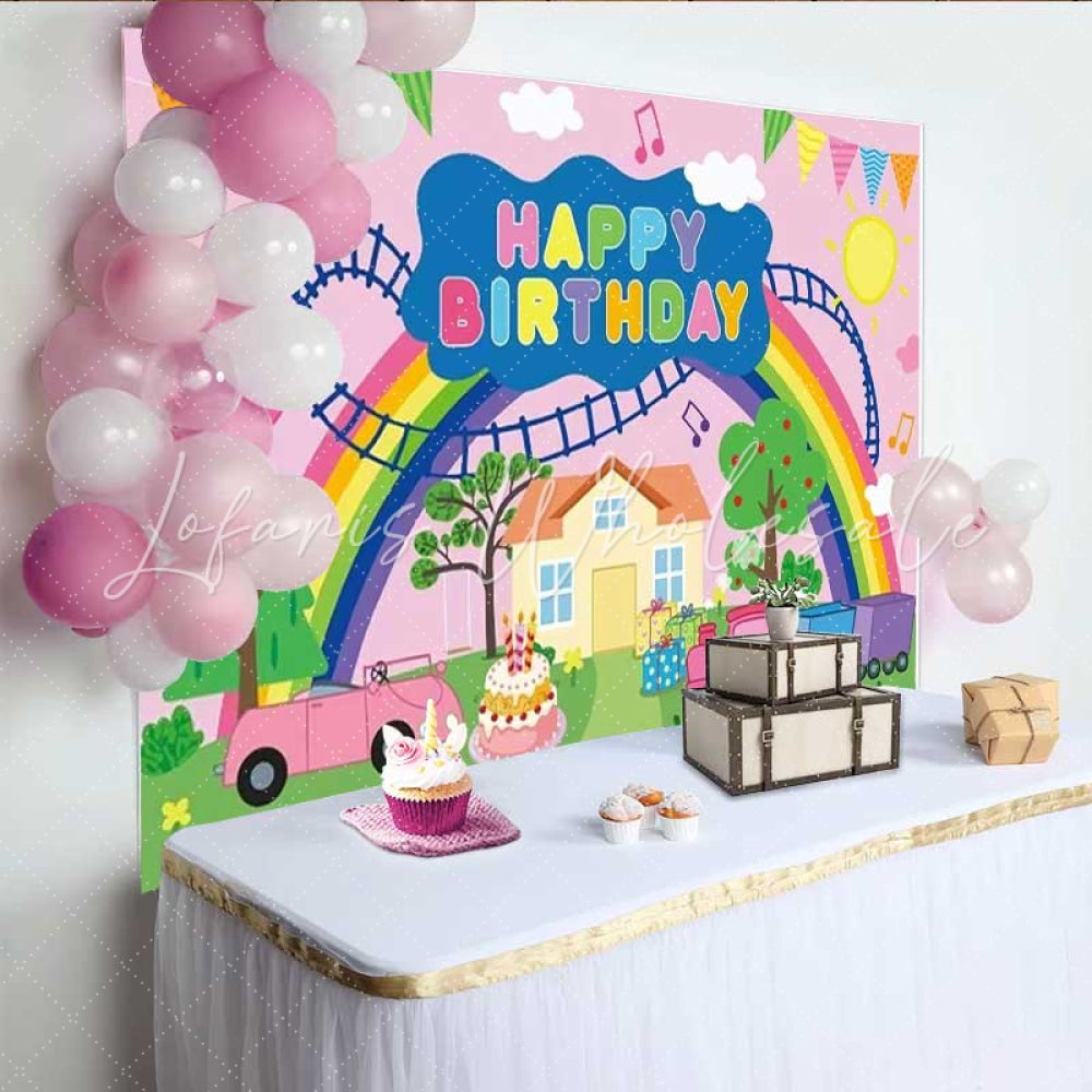 Lofaris Peppa Pig Inspired Happy Birthday Backdrop Cartoon Theme with Rainbow and Train Kids Party Photo Prop Decor
