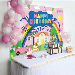 Lofaris Peppa Pig Inspired Happy Birthday Backdrop Cartoon Theme with Rainbow and Train Kids Party Photo Prop Decor