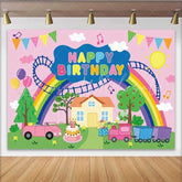 Lofaris Peppa Pig Inspired Happy Birthday Backdrop Cartoon Theme with Rainbow and Train Kids Party Photo Prop Decor