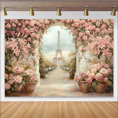 Lofaris Photography Backdrop Paris Eiffel Tower Pink Lily Floral Garden Painting Style