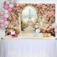 Lofaris Photography Backdrop Paris Eiffel Tower Pink Lily Floral Garden Painting Style