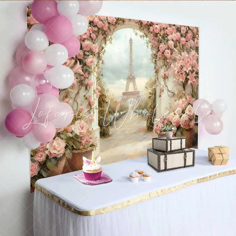 Lofaris Photography Backdrop Paris Eiffel Tower Pink Lily Floral Garden Painting Style
