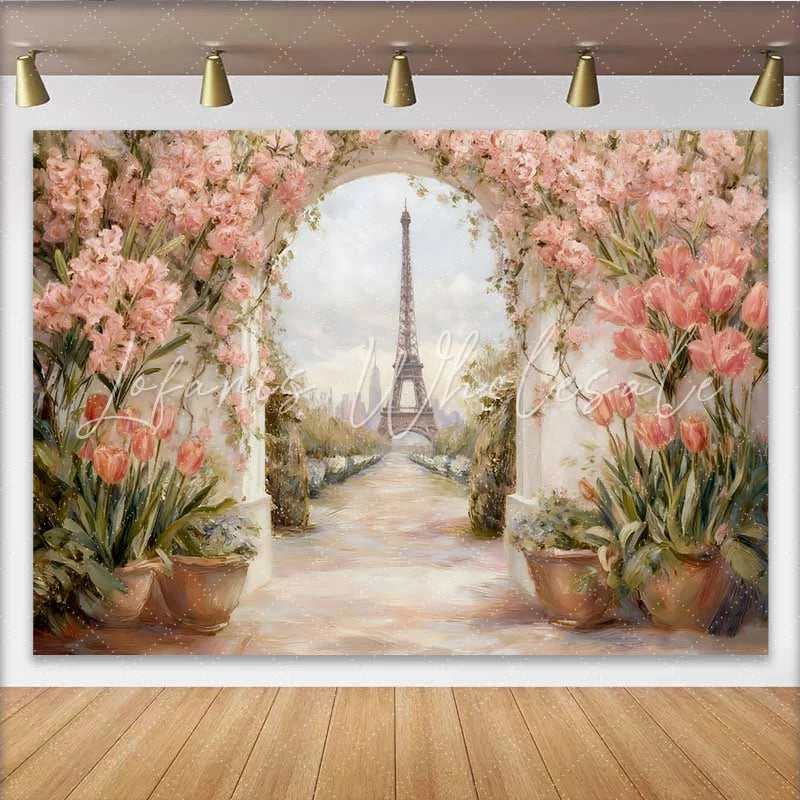 Lofaris Photography Backdrop Paris Eiffel Tower Pink Tulip Floral Arch Vintage Painting