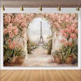 Lofaris Photography Backdrop Paris Eiffel Tower Pink Tulip Floral Arch Vintage Painting