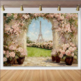 Lofaris Photography Backdrop Paris Eiffel Tower Spring Pink Rose Oil Painting Style Decor