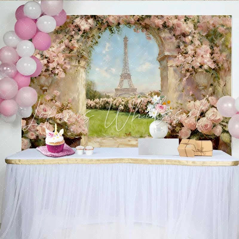 Lofaris Photography Backdrop Paris Eiffel Tower Spring Pink Rose Oil Painting Style Decor