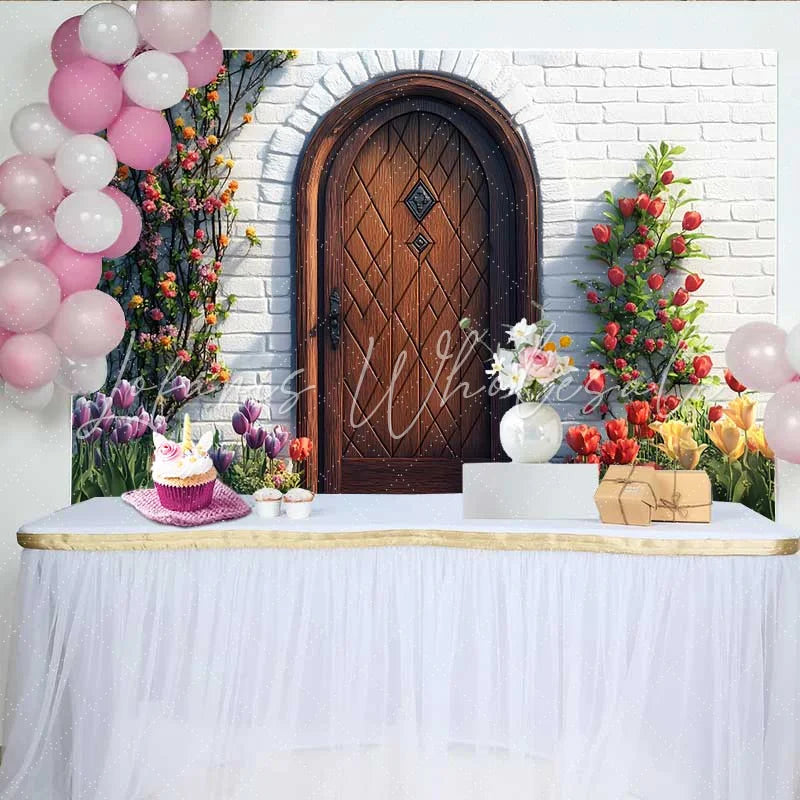 Lofaris Photography Backdrop Spring Colorful Tulips Wooden Door Rustic Garden Background