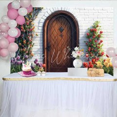 Lofaris Photography Backdrop Spring Colorful Tulips Wooden Door Rustic Garden Background