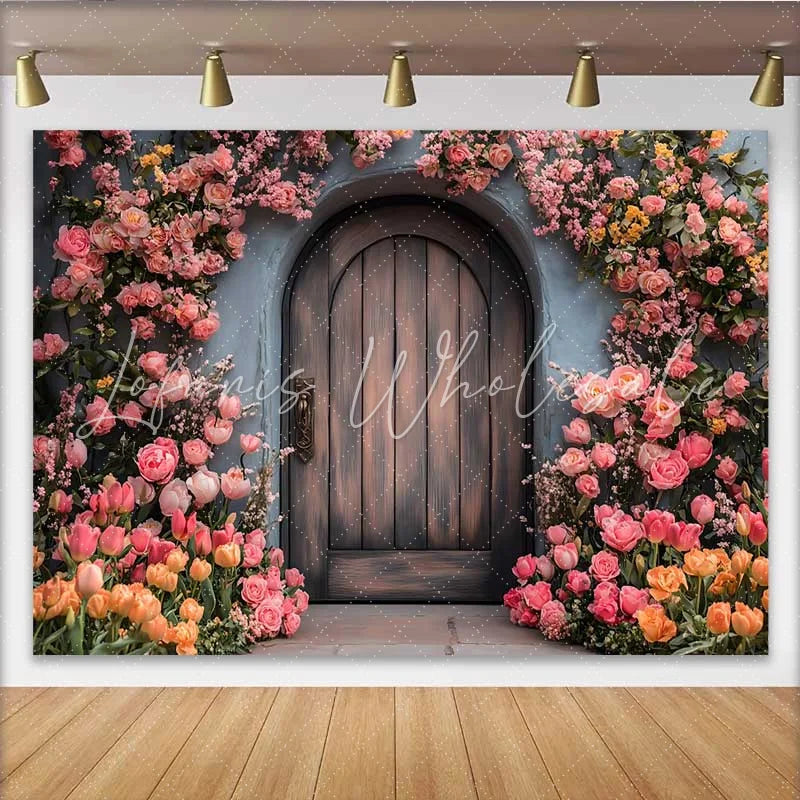 Lofaris Photography Backdrop Spring Pink Floral Rustic Wooden Door Enchanted Garden Prop