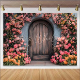 Lofaris Photography Backdrop Spring Pink Floral Rustic Wooden Door Enchanted Garden Prop