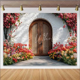 Lofaris Photography Backdrop Spring Red Tulip Garden Rustic Wooden Arch Door Decoration