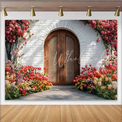 Lofaris Photography Backdrop Spring Red Tulip Garden Rustic Wooden Arch Door Decoration
