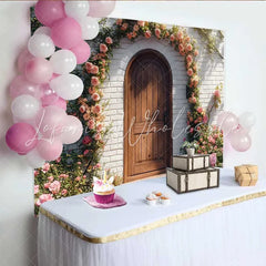 Lofaris Photography Backdrop Spring Rustic Wooden Door Pink Rose Floral Arch Decoration