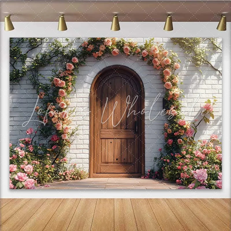 Lofaris Photography Backdrop Spring Rustic Wooden Door Pink Rose Floral Arch Decoration