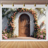 Lofaris Photography Backdrop Spring Rustic Wooden Door Pink Rose Floral Arch Decoration