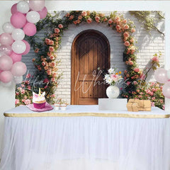 Lofaris Photography Backdrop Spring Rustic Wooden Door Pink Rose Floral Arch Decoration
