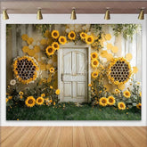 Lofaris Photography Backdrop Sunflower Honeycomb Bee Theme Rustic Door Cake Smash