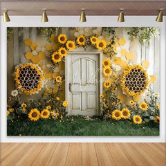 Lofaris Photography Backdrop Sunflower Honeycomb Bee Theme Rustic Door Cake Smash