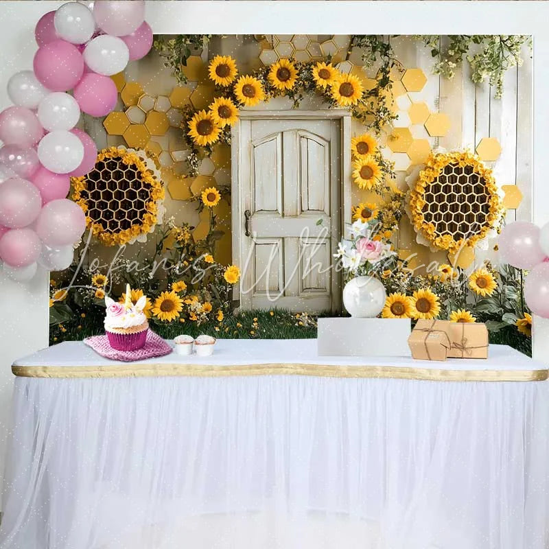 Lofaris Photography Backdrop Sunflower Honeycomb Bee Theme Rustic Door Cake Smash