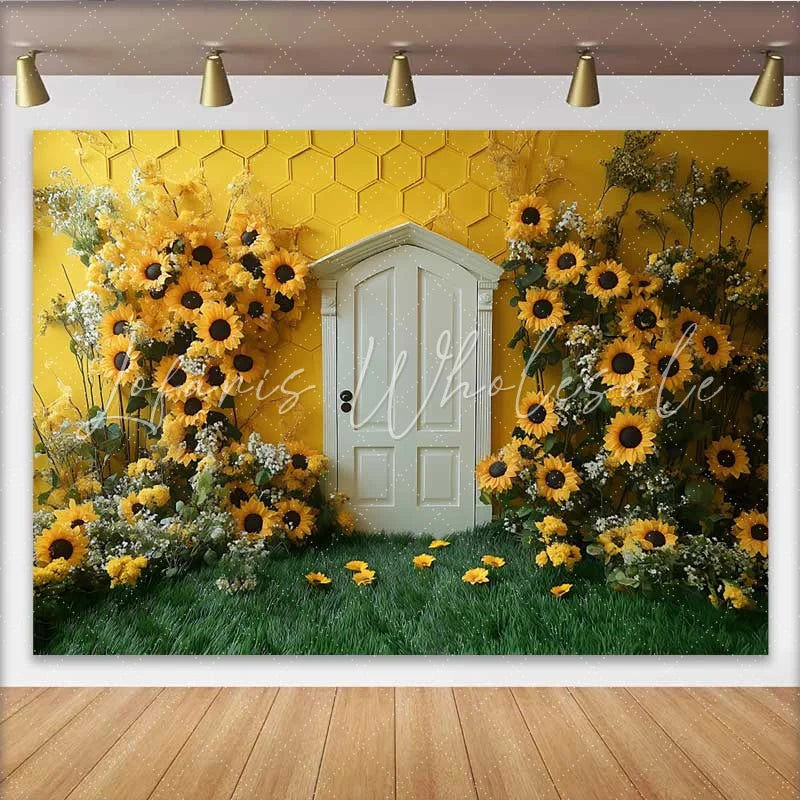 Lofaris Photography Backdrop Sunflower Honeycomb Yellow Wall White Door Cake Smash Prop