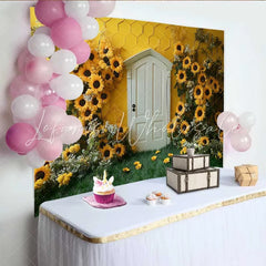 Lofaris Photography Backdrop Sunflower Honeycomb Yellow Wall White Door Cake Smash Prop