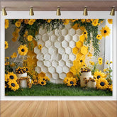 Lofaris Photography Backdrop White Honeycomb Wall Sunflower Floral Cake Smash Decor